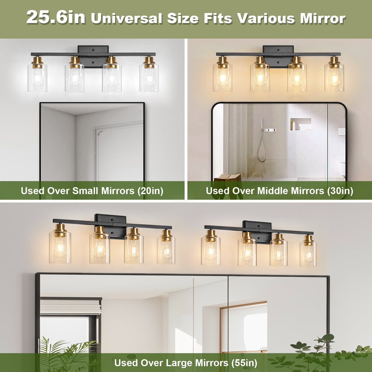 Unicozin Modern Bathroom Light Fixtures, 4 Light Vanity Lights Over Mirror, Black and Gold Wall Lamp with Clear Glass for Living Room Cabinet Bedroom Porch