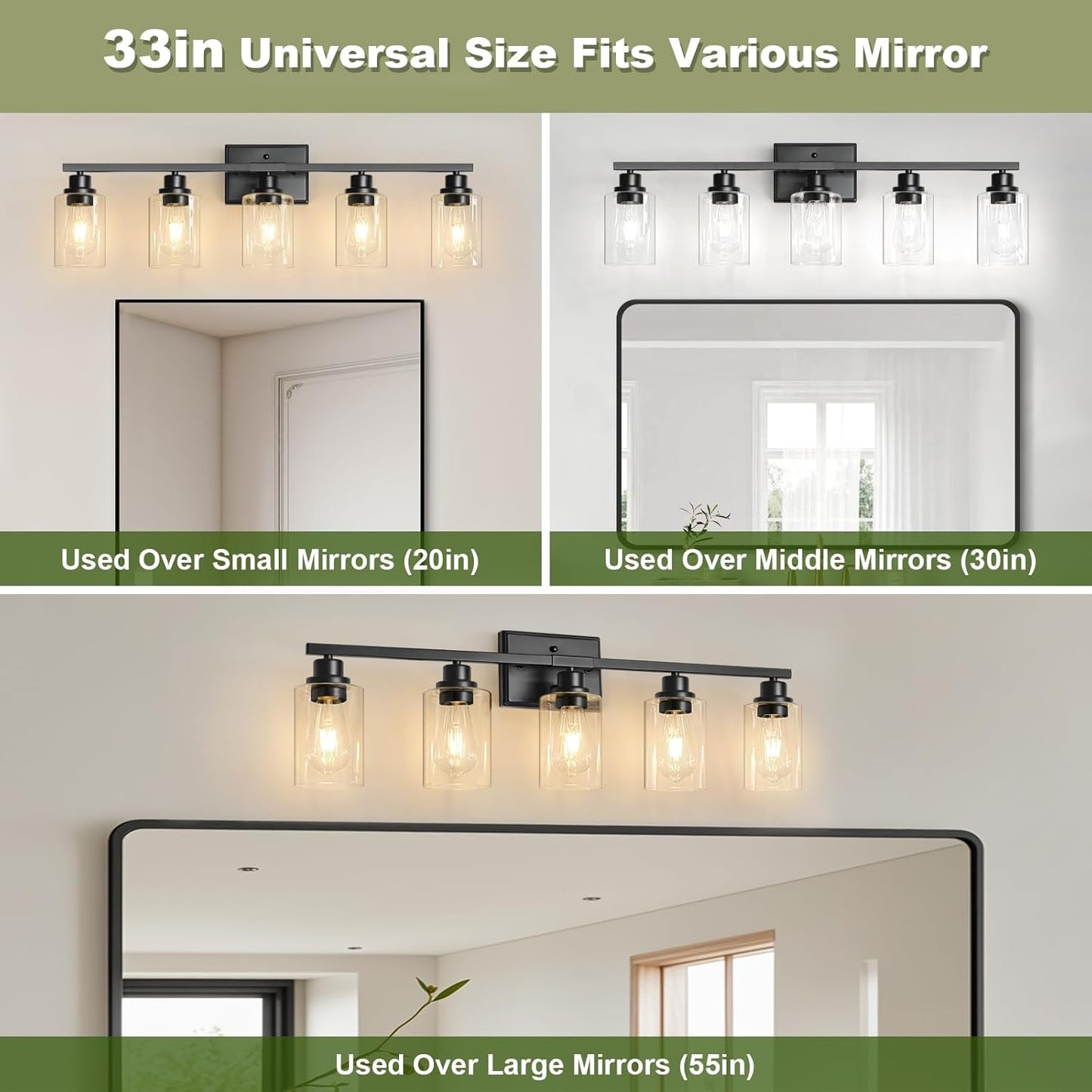 Unicozin Modern Bathroom Light Fixtures, 5 Light Vanity Lights Over Mirror, Black Wall Lamp with Clear Glass for Living Room Cabinet Bedroom Porch