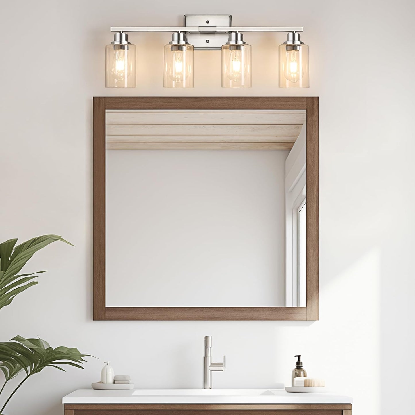 Unicozin Modern Bathroom Light Fixtures, 4 Light Vanity Lights Over Mirror, Brushed Nickel Wall Lamp with Clear Glass for Living Room Cabinet Bedroom Porch