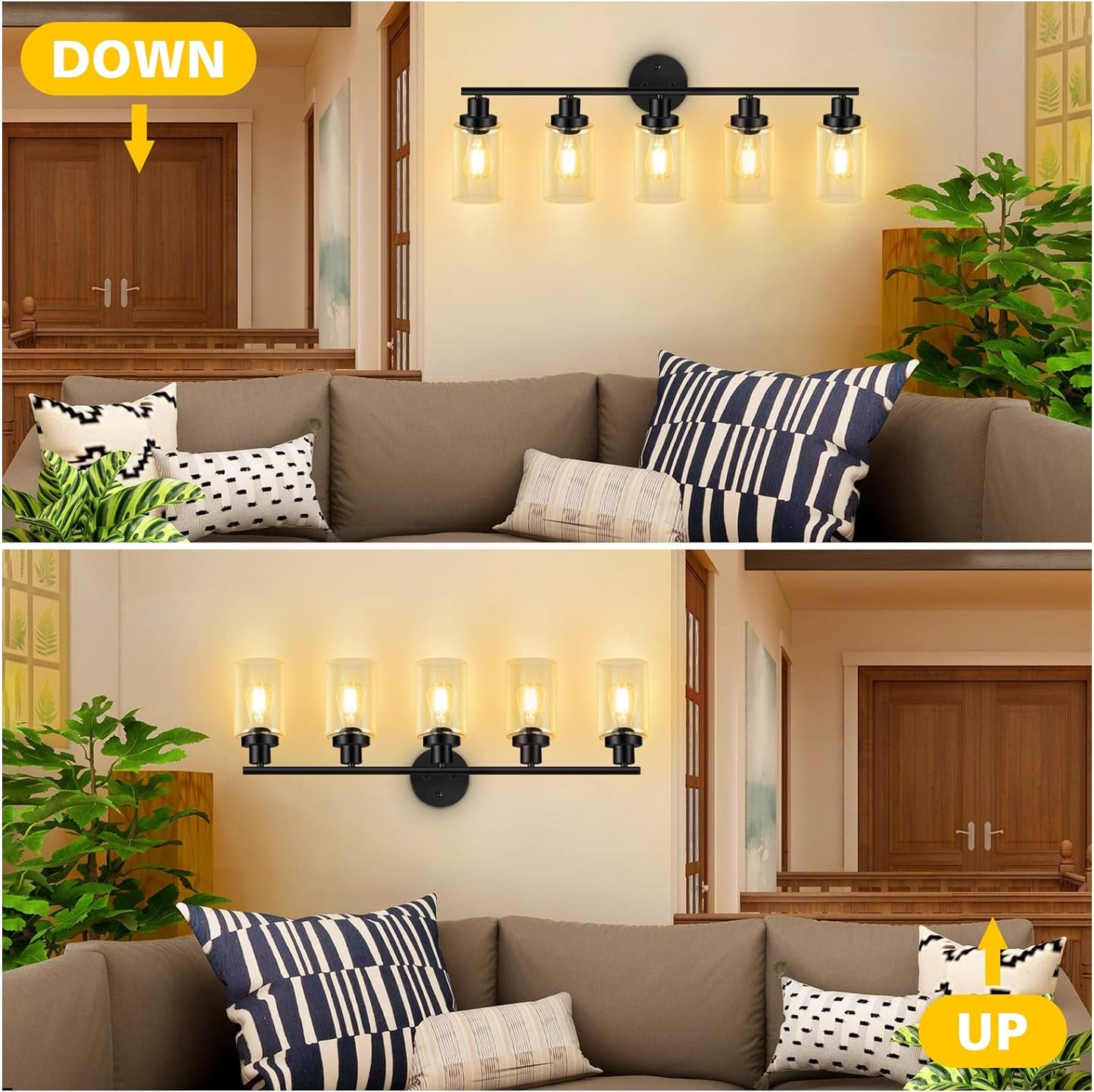 Unicozin Modern Matte Black 5 Lights Wall Lights, Wall Sconces Light with Clear Glass Shade, Vanity Light Fixtures for Bathroom, Living Room, Kitchen, Bedroom, E26 Base (Bulbs Not Included)