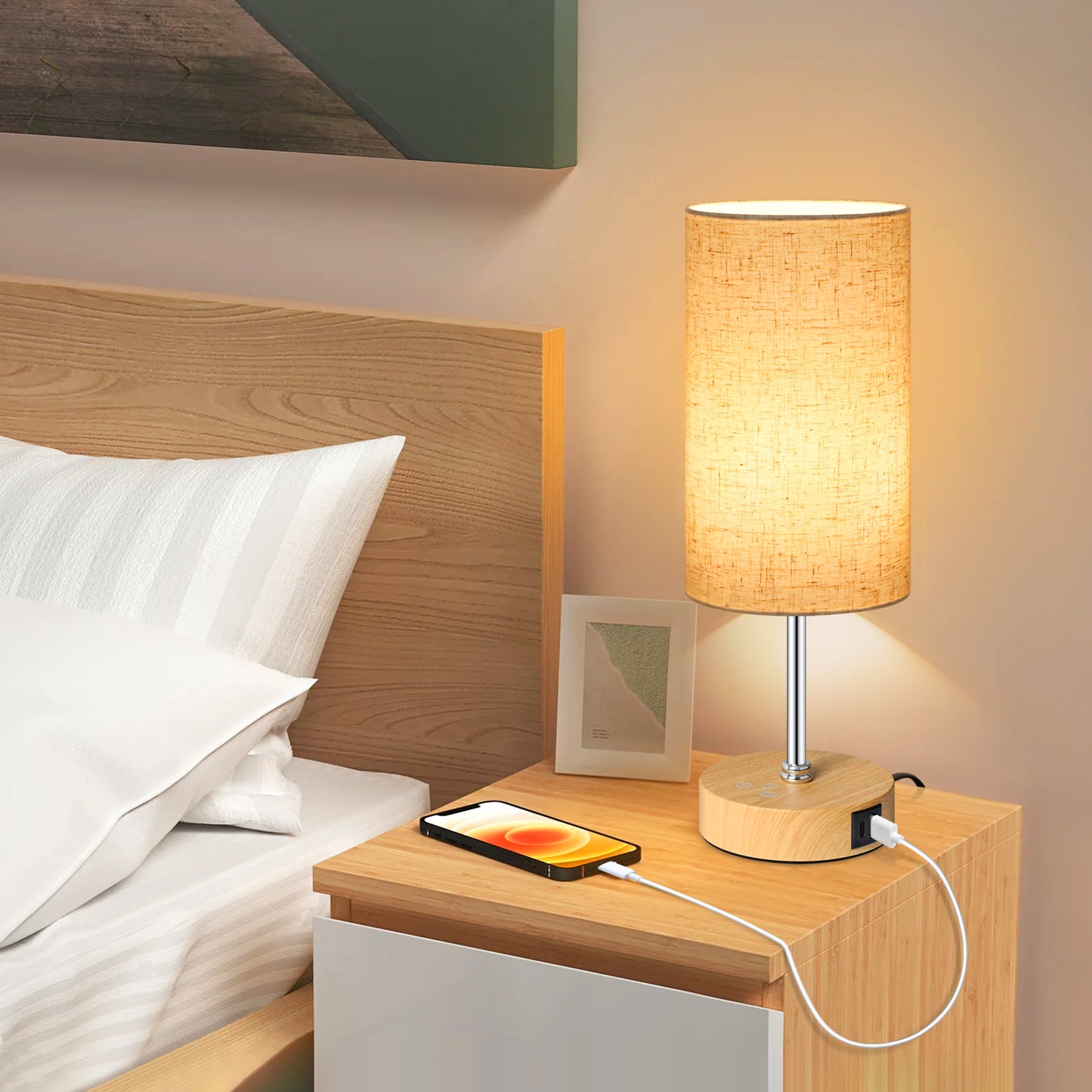 Unicozin Small Table Lamp, 3CCT & 7 RGB Color Changing, Dimmable Nightstand Lamp with Wood Grain Base, Touch Bedsides Lamp for Bedroom, Office, Kids Room, Nursery, Party, Beige Shad