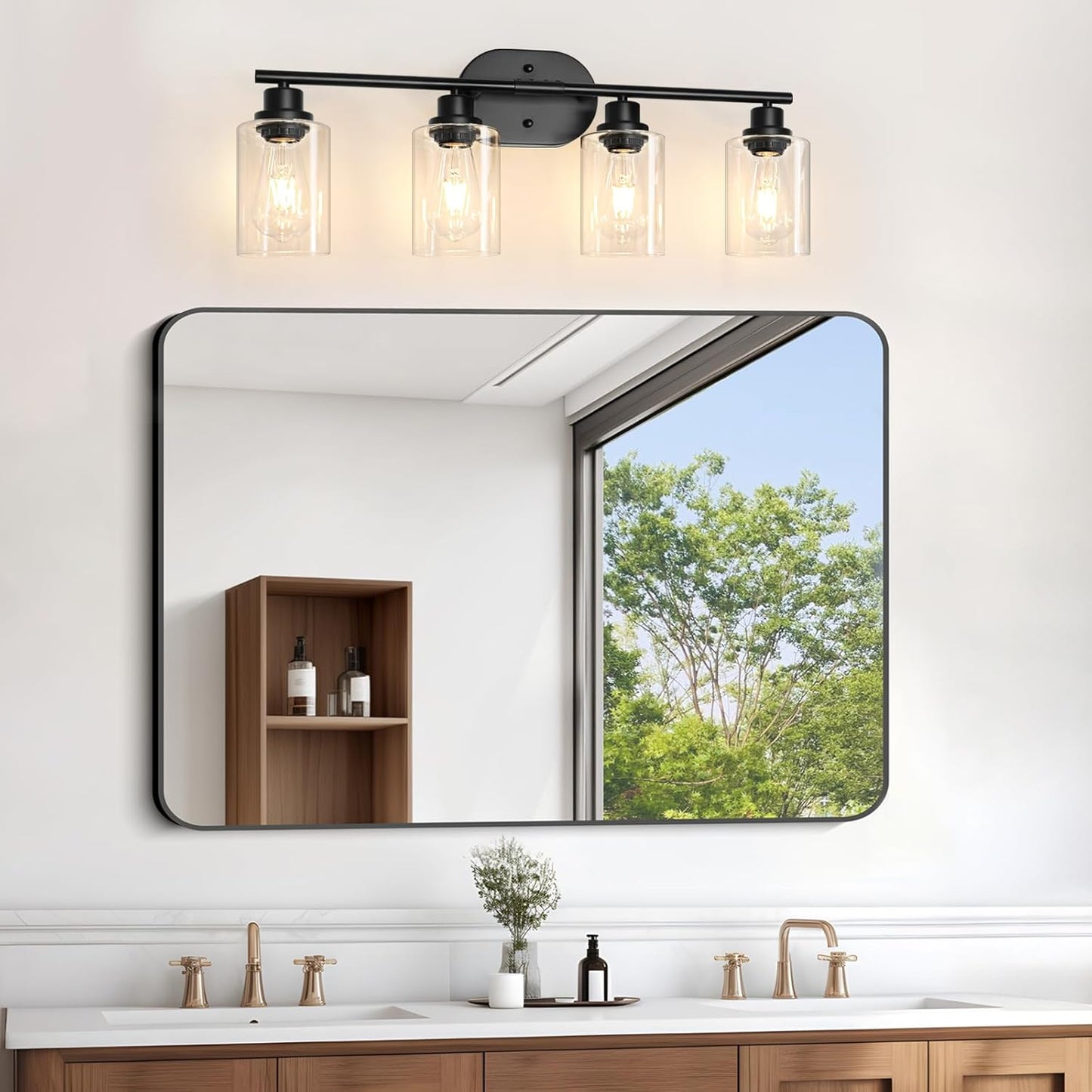 Unicozin Bathroom Light Fixtures, 4 Light Vanity Lights for Bathroom, Black Wall Lamp with Clear Glass for Mirror, Living Room, Hallway, Cabinet, E26 Base