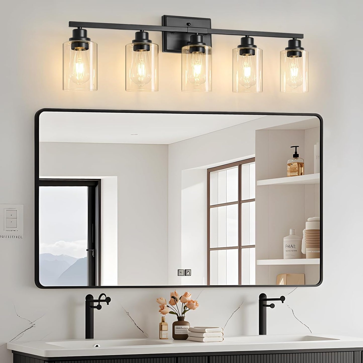 Unicozin Modern Bathroom Light Fixtures, 5 Light Vanity Lights Over Mirror, Black Wall Lamp with Clear Glass for Living Room Cabinet Bedroom Porch