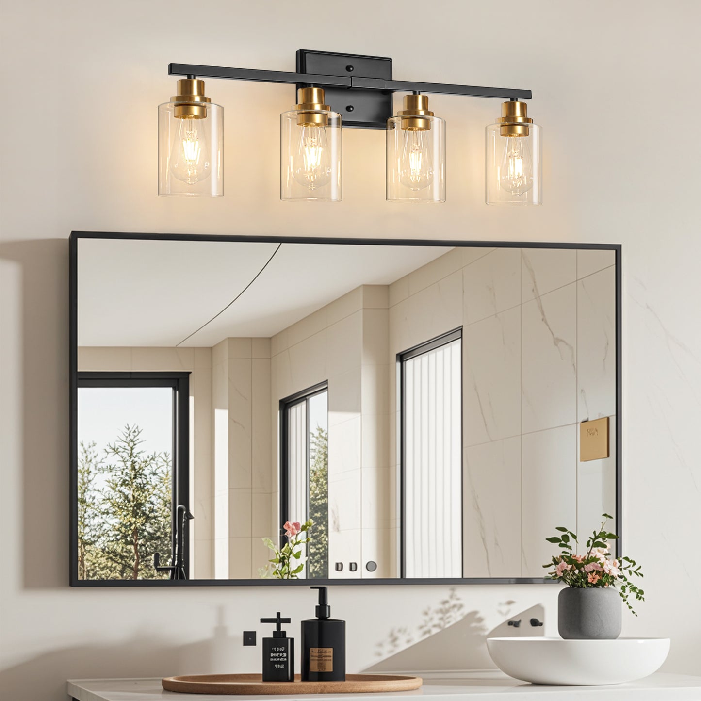 Unicozin Modern Bathroom Light Fixtures, 4 Light Vanity Lights Over Mirror, Black and Gold Wall Lamp with Clear Glass for Living Room Cabinet Bedroom Porch