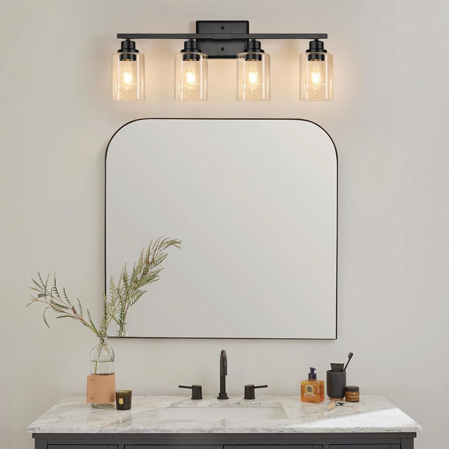Unicozin Modern Bathroom Light Fixtures, 4 Light Vanity Lights Over Mirror, Black Wall Lamp with Clear Glass for Living Room Cabinet Bedroom Porch