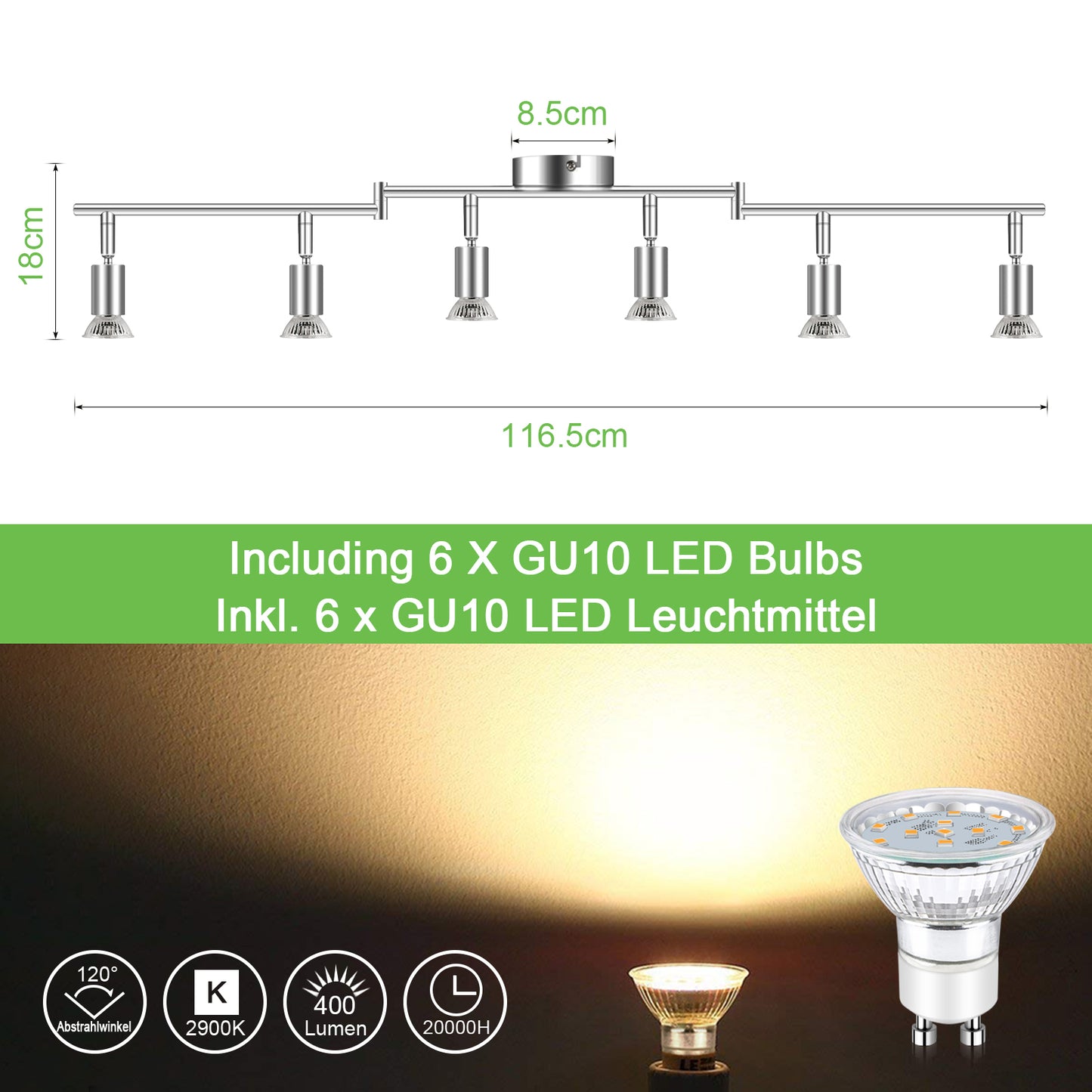 Unicozin LED Deckenleuchte, 6 Flammig LED Deckenstrahler Schwenkbar Chrom, Inkl. 6 x 3.5W GU10 LED Lampen, 380LM, Warmweiß, LED Deckenspot LED Deckenlampe, AC220-240V